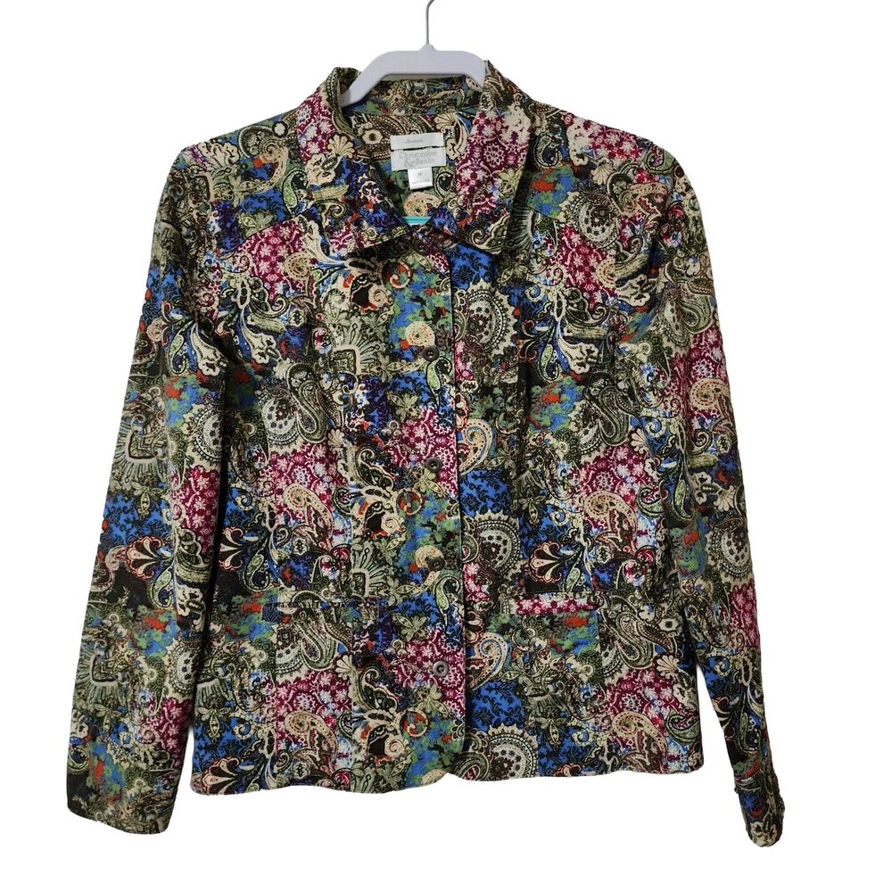 Christopher Banks Womens Jacket M Medium Colorful Button Up Stretch Art Wear EUC
